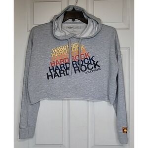 Hard Rock Cafe Hollywood Sweatshirt Women's MED Gray Crop Top Hooded Long Sleeve